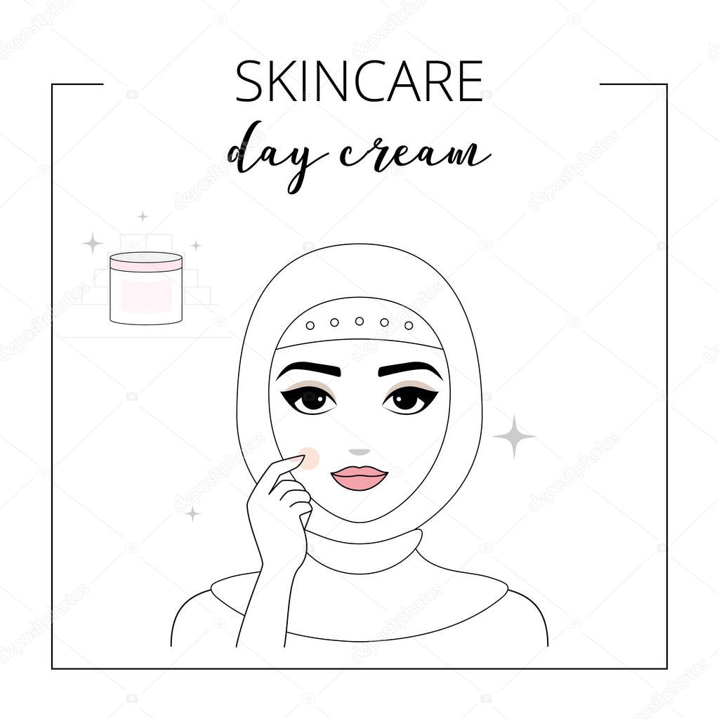 Woman take care about face. Skincare, applying day cream. Vector isolated illustrations set.