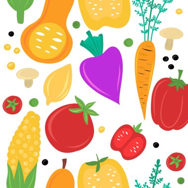 Sebze düz trendy el sorunsuz desen çizilmiş. Sağlıklı beslenme çizgi film dokusu. Mutfak tekstili, arka plan vektör dolgusu.