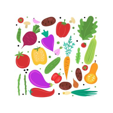 Sebze düz trendy el çizilmiş. Sağlıklı beslenme çizgi film dokusu. Mutfak vektör baskı.