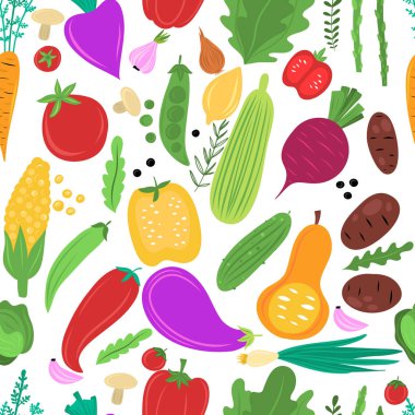 Sebze düz trendy el sorunsuz desen çizilmiş. Sağlıklı beslenme çizgi film dokusu. Mutfak tekstili, arka plan vektör dolgusu.