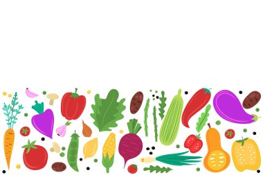 Kopya alanı ile Vektör renkli çerçeve, beyaz arka plan üzerinde organik taze sebze.