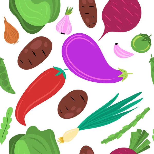 Vegetables Flat Trendy Hand Drawn Seamless Pattern Healthy Eating Cartoon — Stock Vector