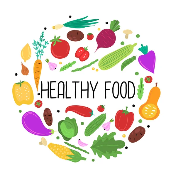Zdrowa Żywność Warzywa Płaskie Rysowane Ręcznie Białym Tle — Wektor stockowy