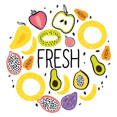 Meyve düz el çizilmiş illüstrasyon. Sağlıklı beslenme karikatür doku. Organik gıda kavramı. Mutfak tekstili vektör baskı.