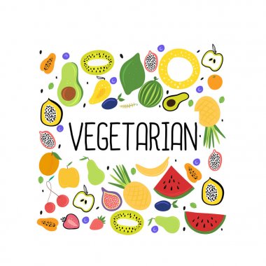 Vejetaryen yemek, sağlıklı beslenme. Taze renkli meyveler. Vektör çizimi