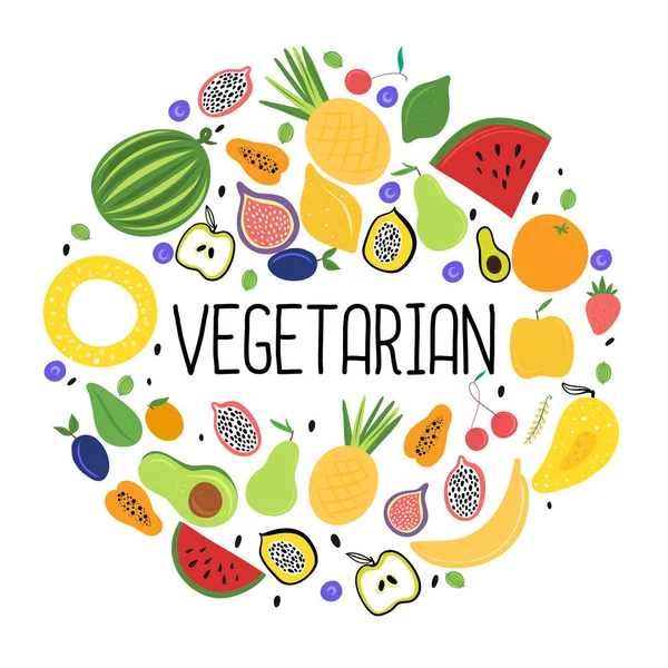 Nourriture Végétarienne Fruits Frais Colorés Disposés Cercle Illustration Vectorielle — Image vectorielle