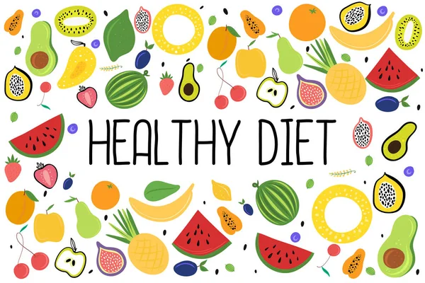Zdrowa Żywność Zdrowa Dieta Ilustracja Wektorowa Ekologicznych Świeżych Owoców — Wektor stockowy