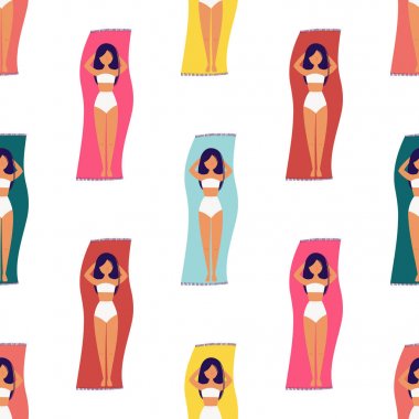 Kızlar güneşleniyor. Yaz saati, dinlenmek. Yaratıcı vektör illüstrasyon. Ambalaj kağıdı, tekstil, arka plan dolgusu, kumaş için kroki. 