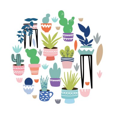 Farklı ev bitkileri daire içinde düzenlenmiştir. Poster, tişört, afiş, arka plan için tasarım