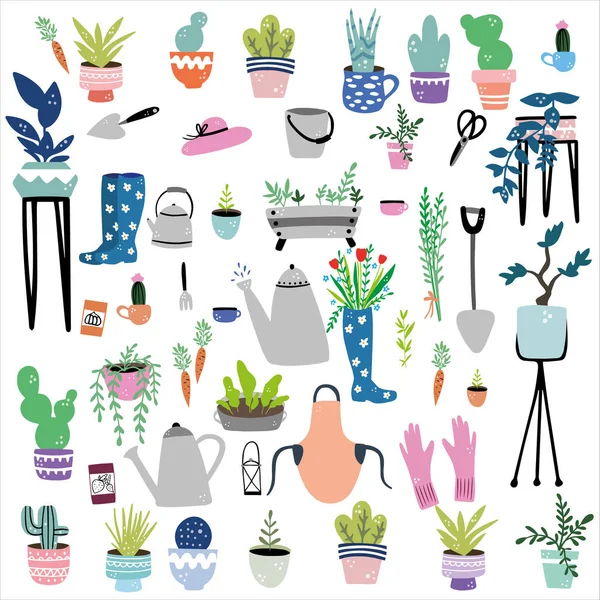 Jardinería Plantas Caseras Objetos Vectoriales Aislados Estilo Dibujado Mano Moda — Vector de stock