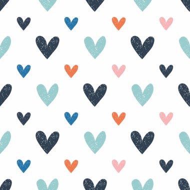 Elle çizilmiş kalpler ile dikişsiz desen. Kumaş, tekstil, konfeksiyon için çocuksu doku. Vektör arka planı