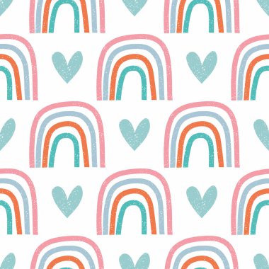 Elle çizilmiş gökkuşağı ile dikişsiz desen. Kumaş, tekstil, konfeksiyon için çocuksu doku. Vektör arka planı