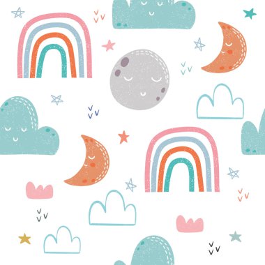 Elle çizilmiş gökkuşağı, ay ve bulutlar ile dikişsiz desen. Kumaş, tekstil, konfeksiyon için çocuksu doku. Vektör arka planı