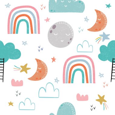 Elle çizilmiş gökkuşağı, ay ve bulutlar ile dikişsiz desen. Kumaş, tekstil, konfeksiyon için çocuksu doku. Vektör arka planı