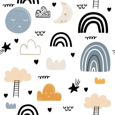 Elle çizilmiş gökkuşağı, ay ve bulutlar ile dikişsiz desen. Kumaş, tekstil, konfeksiyon için çocuksu doku. Vektör arka planı