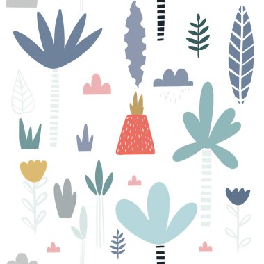 Elle çizilmiş egzotik bitkiler ile dikişsiz desen. Kumaş, tekstil, vektör dolgu için çocuksu doku. Vektör arka planı