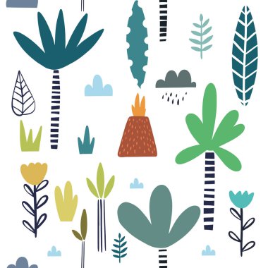 Elle çizilmiş egzotik bitkiler ile dikişsiz desen. Kumaş, tekstil, vektör dolgu için çocuksu doku. Vektör arka planı