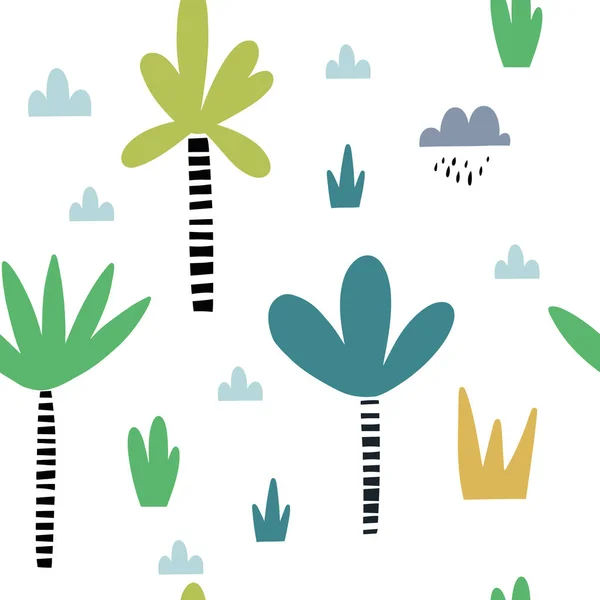 Patrón Sin Costuras Con Plantas Exóticas Dibujadas Mano Textura Infantil — Archivo Imágenes Vectoriales