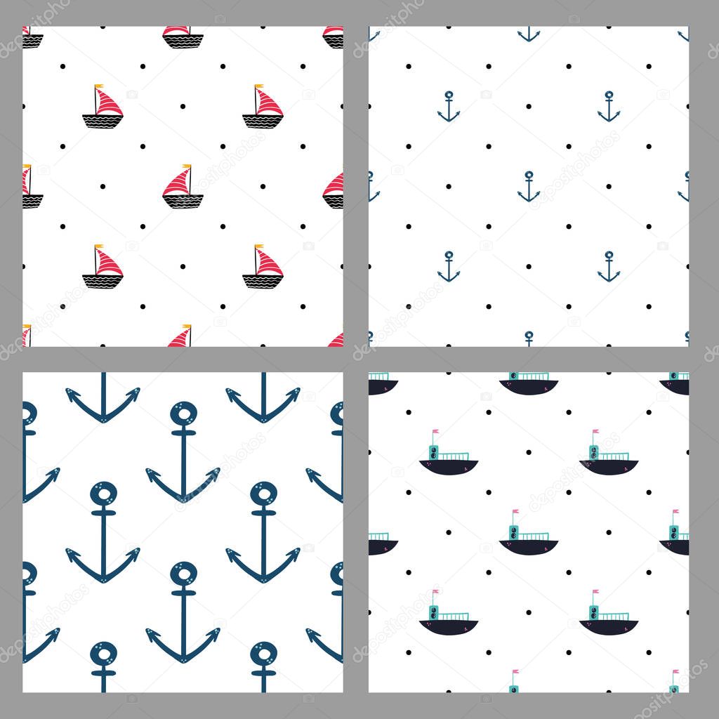 Sea childish patterns background. Sub marines and ships,  vector design for wrapping paper, textile, background fill design