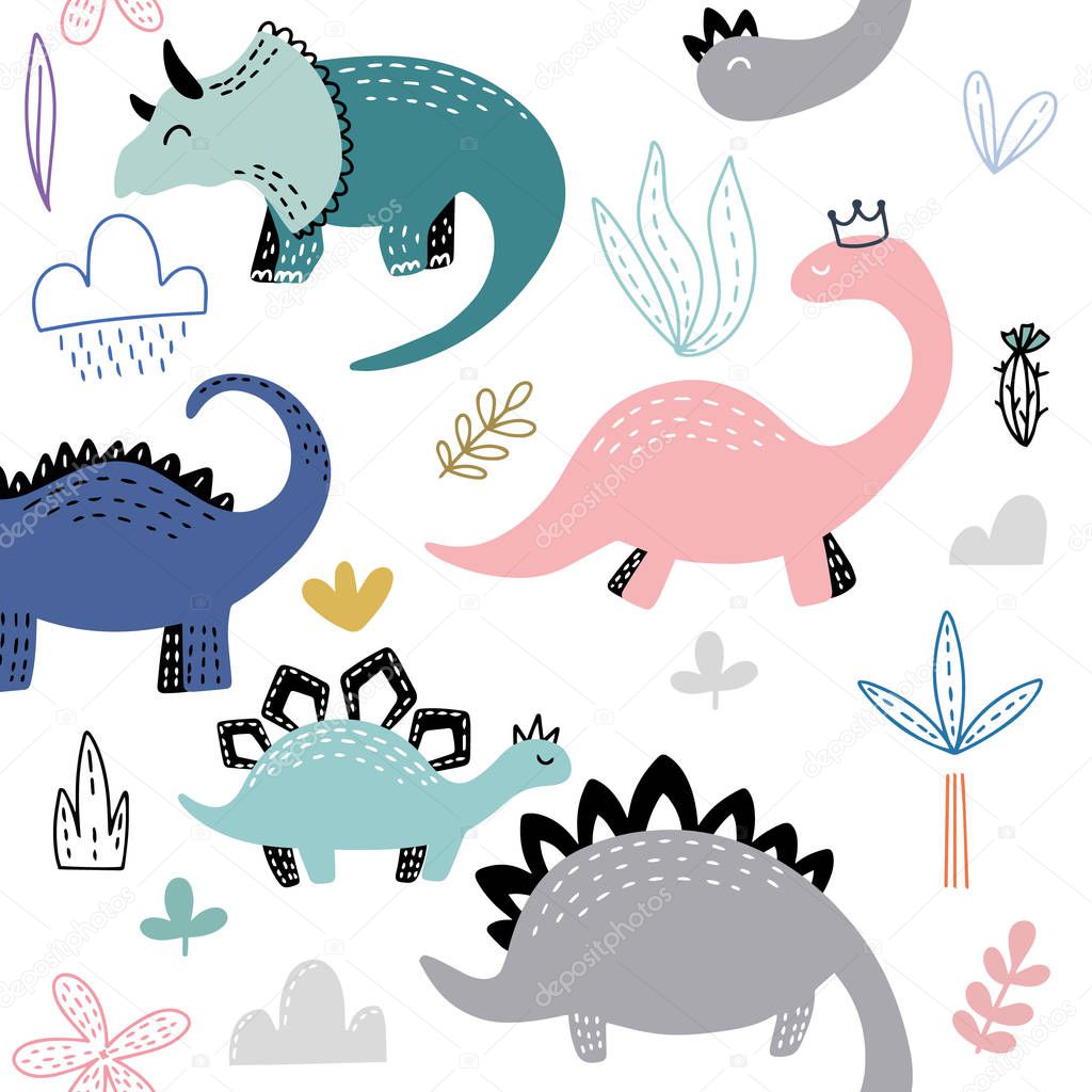 Seamless pattern with hand drawn different cute dinosaurs. Childish texture for fabric, textile, vector fill. Vector background
