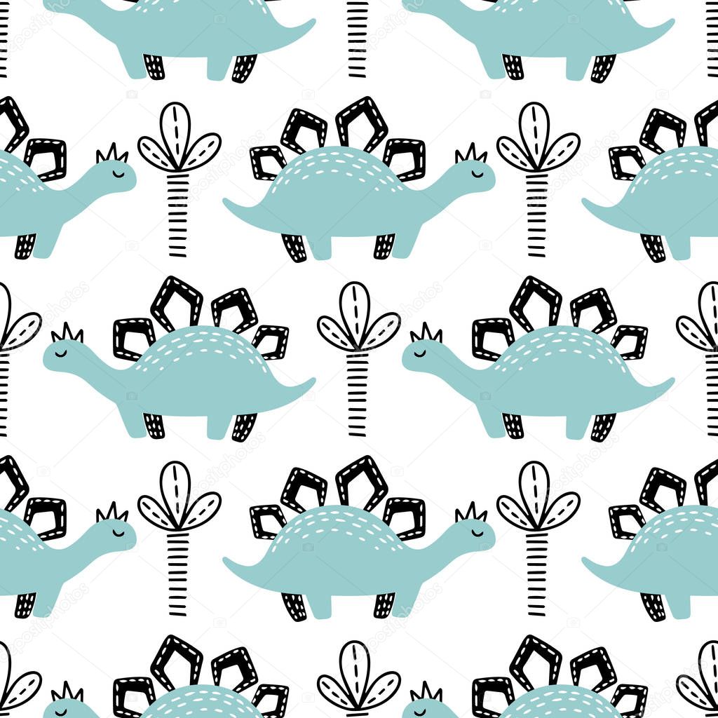 Seamless pattern with hand drawn different cute dinosaurs. Childish texture for fabric, textile, vector fill. Vector background