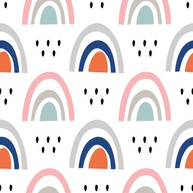 Tebeşir dokusu ile elle çizilmiş gökkuşağı ile dikişsiz desen. Kumaş, tekstil, konfeksiyon için çocuksu doku. Vektör arka planı
