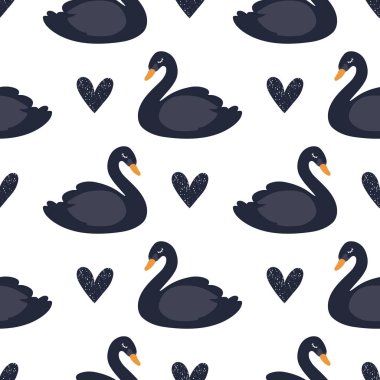 Siyah karikatür sevimli kuğu dikişsiz desen, ambalaj kağıdı için vektör tasarımı, tekstil, arka plan dolgu tasarımı