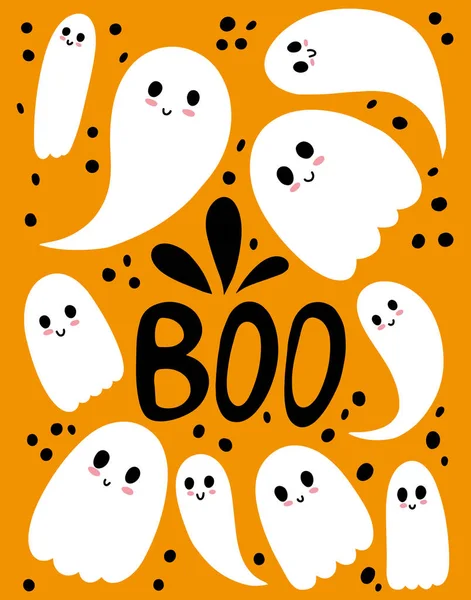 Tarjeta Felicitación Halloween Fantasmas Murciélagos Espeluznantes Letras Boo Diseño Para — Vector de stock