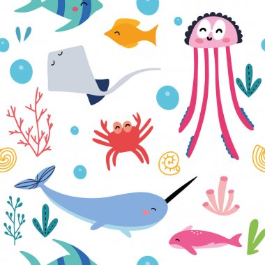 Deniz balığı Dikişsiz desen, kağıt, tekstil, arka plan dolgu tasarımı sarma için vektör tasarım. Balina, kaplumbağa, balık, jöle balığı, yengeç, deniz yıldızı ve çok daha fazlası