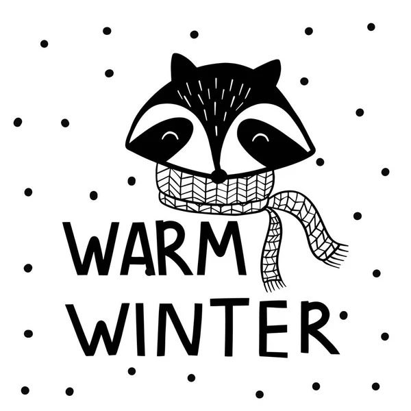 Raccoon Lettering Warm Winter Vector Print Scandinavian Style Design Cards — Stock Vector