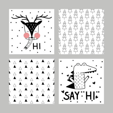 Ren geyiği, timsah ve soyut Iskandinav desenleri dahil sevimli kart seti. Davetiye, tebrik kartları, poster için vektör illüstrasyonları