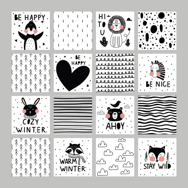 Sevimli kartlar büyük bir set. Penguen, zebra, rakun, tilki, tavşan ve ayı da dahil. Davetiye, tebrik kartları, poster için vektör illüstrasyonları