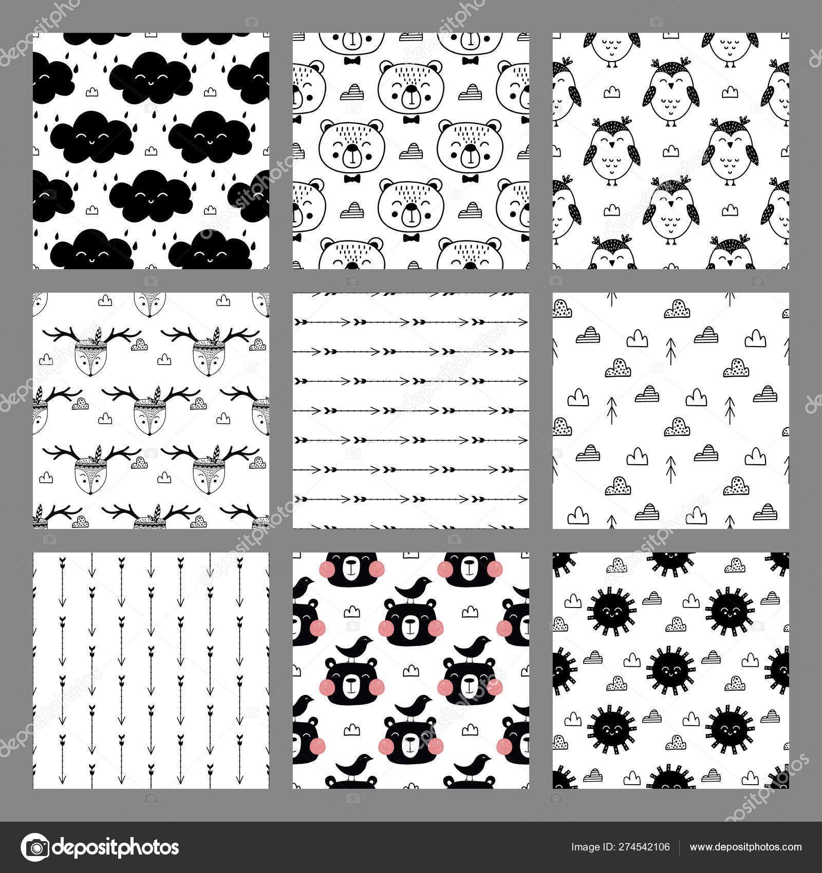 set-cute-black-white-cards-nordic-style-hand-drawn-vector-stock-vector