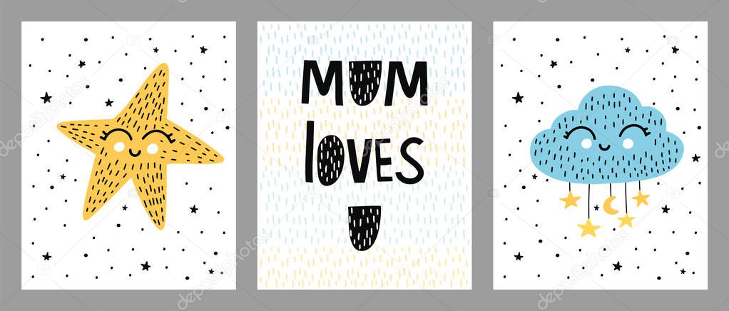 Set of vector prints in Scandinavian style, childish lettering.Vector illustrations for invitations, greeting cards, posters