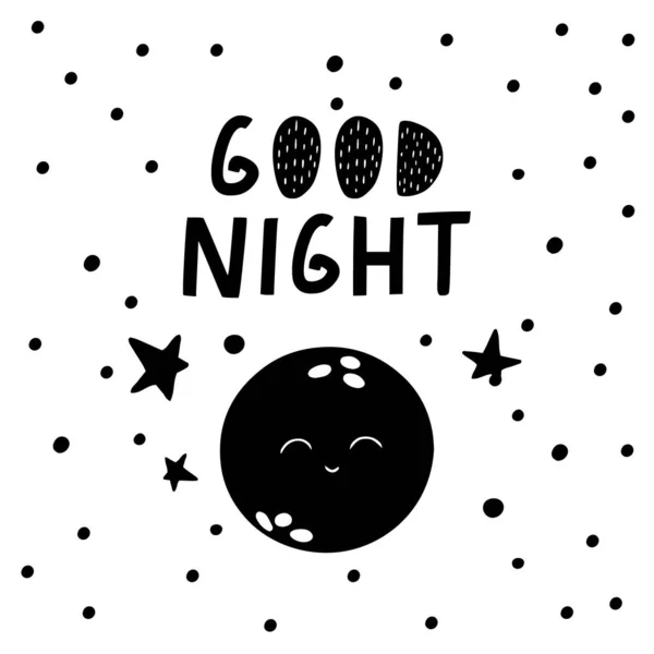 Bonne Nuit Carte Noire Blanche Mignonne Dans Style Nordique Illustration — Image vectorielle