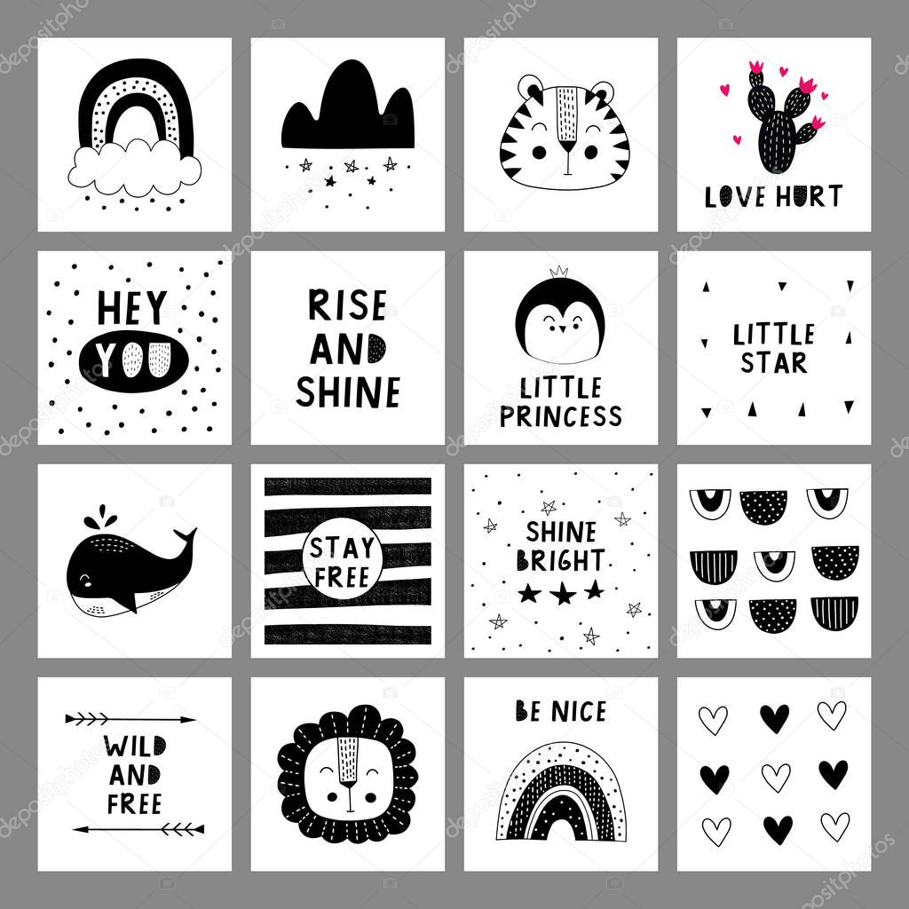 Set of cute black and white cards in nordic style. Hand drawn vector illustration