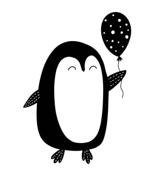 Penguen nordic tarzı balon sevimli siyah beyaz kart ile. Elle çizilmiş vektör illüstrasyonu.