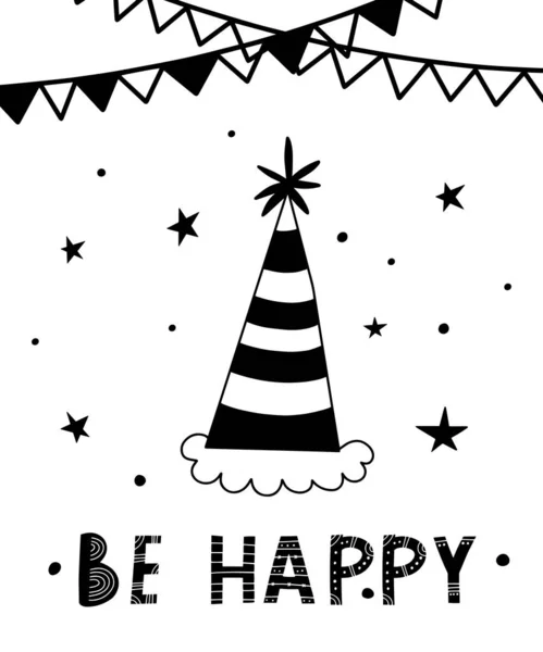 Happy Phrase Birthday Hat Cute Black White Card Nordic Style — Stock Vector