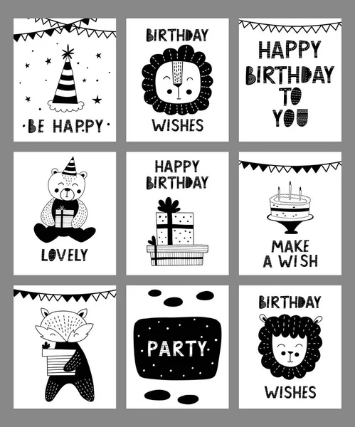 Set Cute Black White Cards Nordic Style Hand Drawn Vector — Stock Vector