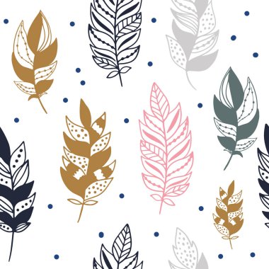 Beyaz bir arka plan üzerinde elle çizilmiş tüyler ile dikişsiz desen. Kabile Tüyleri. Ambalaj kağıdı, tekstil için vektör tasarımı. 