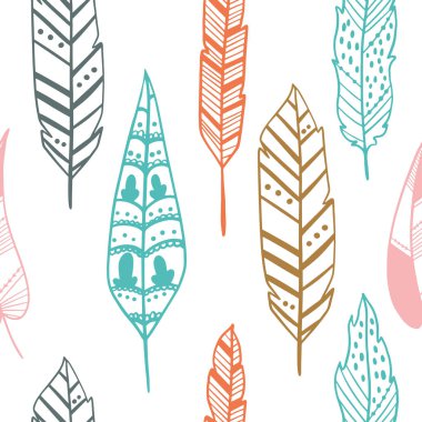 Beyaz bir arka plan üzerinde elle çizilmiş tüyler ile dikişsiz desen. Kabile Tüyleri. Ambalaj kağıdı, tekstil için vektör tasarımı. 