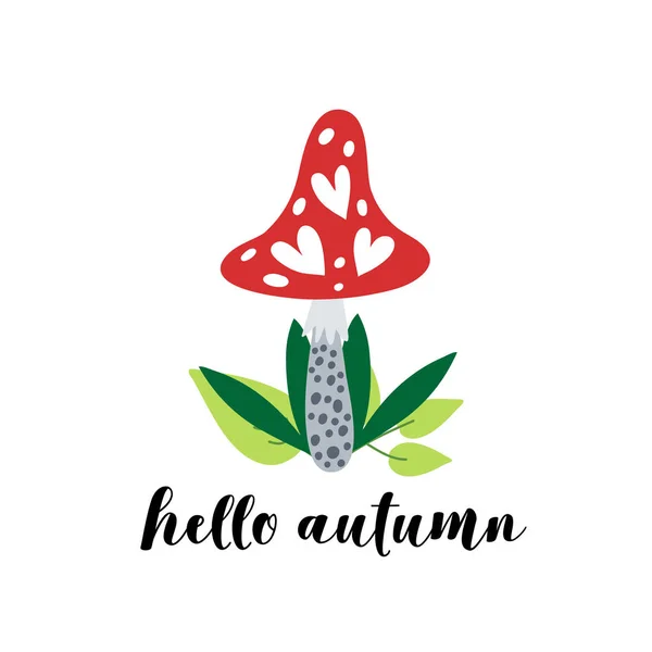 Осенний Векторный Отпечаток Грибом Листья Текстом Hello Autumn — стоковый вектор