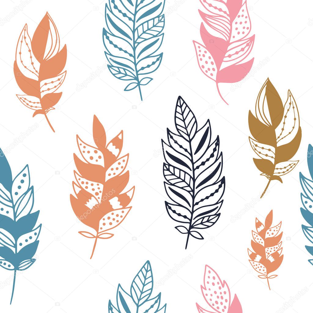 Seamless pattern with hand drawn feathers on a white background. Tribal Feathers. Vector design for wrapping paper, textile. 