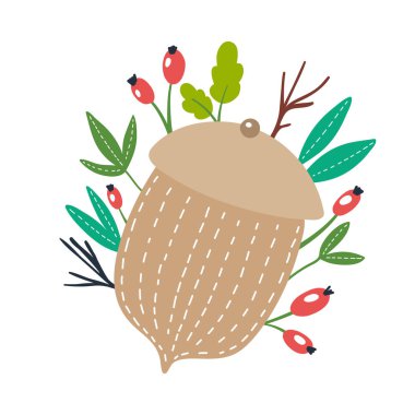 Yaprakları ile meşe palamudu vektör baskı. Hasat kavramı, sonbahar zamanı. Elle çizilmiş vektör illüstrasyonu.