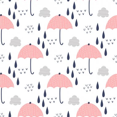 Bulutlar, yağmur ve şemsiye ile dikişsiz desen. Ambalaj kağıdı, tekstil için vektör tasarımı. 