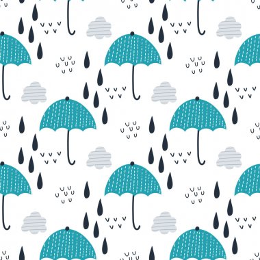 Bulutlar, yağmur ve şemsiye ile dikişsiz desen. Ambalaj kağıdı, tekstil için vektör tasarımı. 