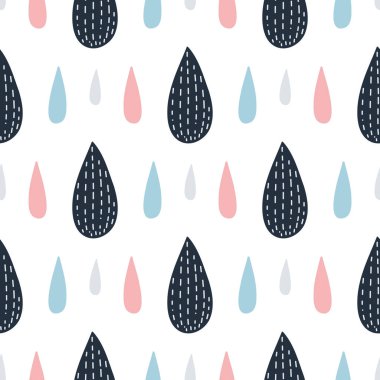 Bulutlar, yağmur ve su damlaları ile dikişsiz desen. Ambalaj kağıdı, tekstil için vektör tasarımı. 