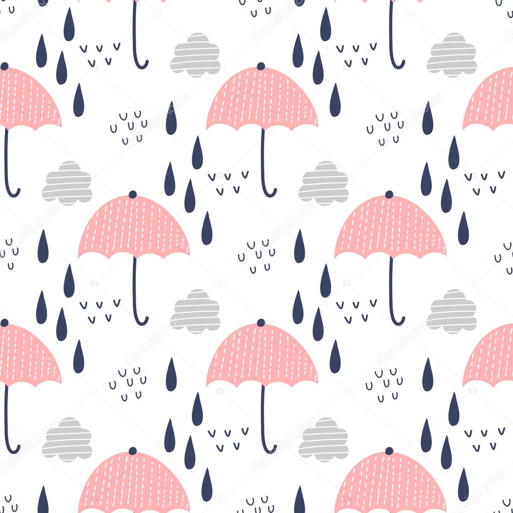 Seamless pattern with clouds, rain and umbrella.Vector design for wrapping paper, textile. 