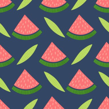 Karpuz ve yaprakları ile dikişsiz desen. Ambalaj kağıdı, tekstil için vektör tasarımı. 
