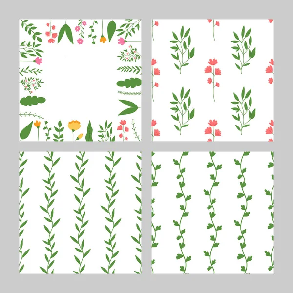 Set Seamless Patterns Hand Drawn Flowers Leaves White Background Vector — Stock Vector